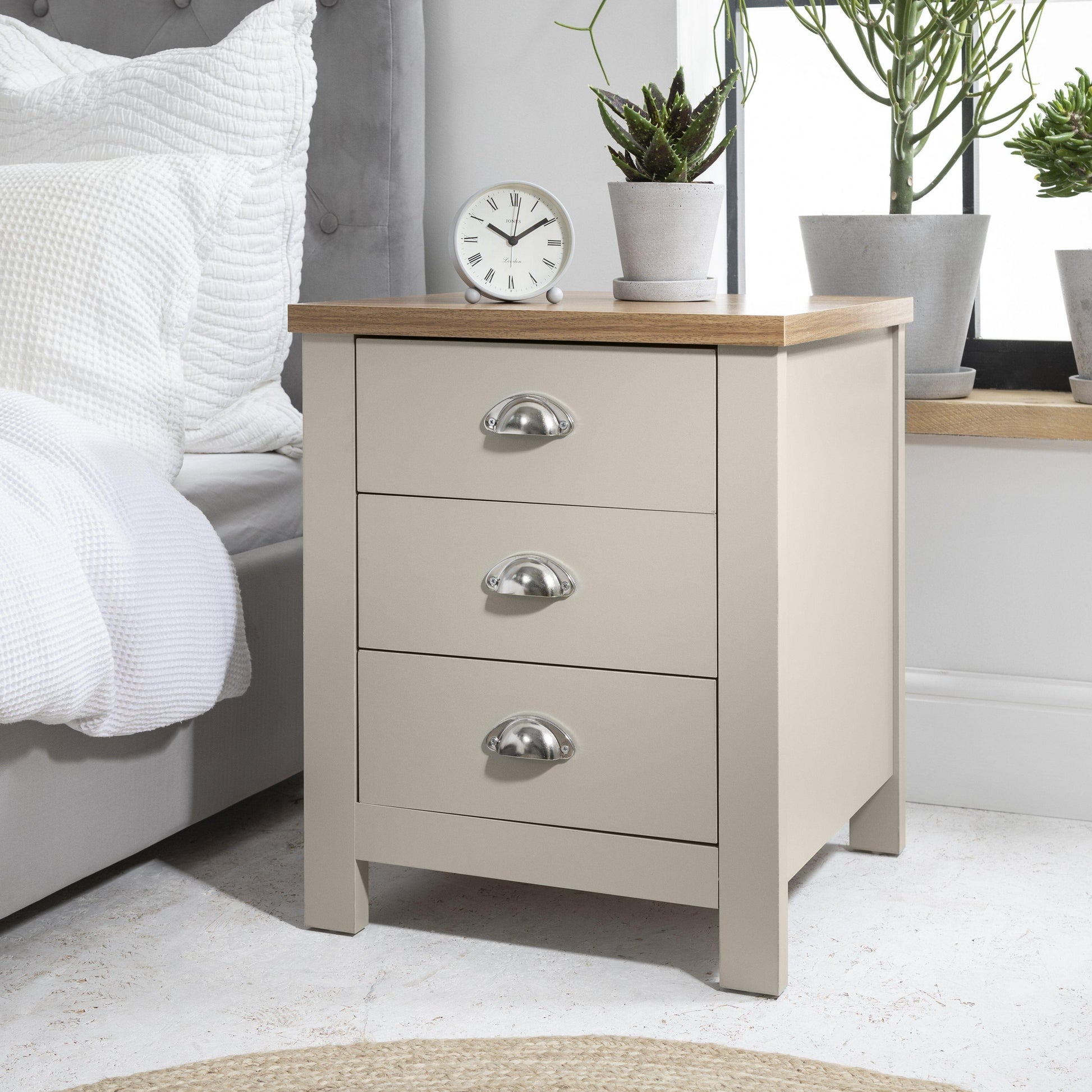 Outlet – Bampton Grey Bedside Table - 3 Drawer - Laura James