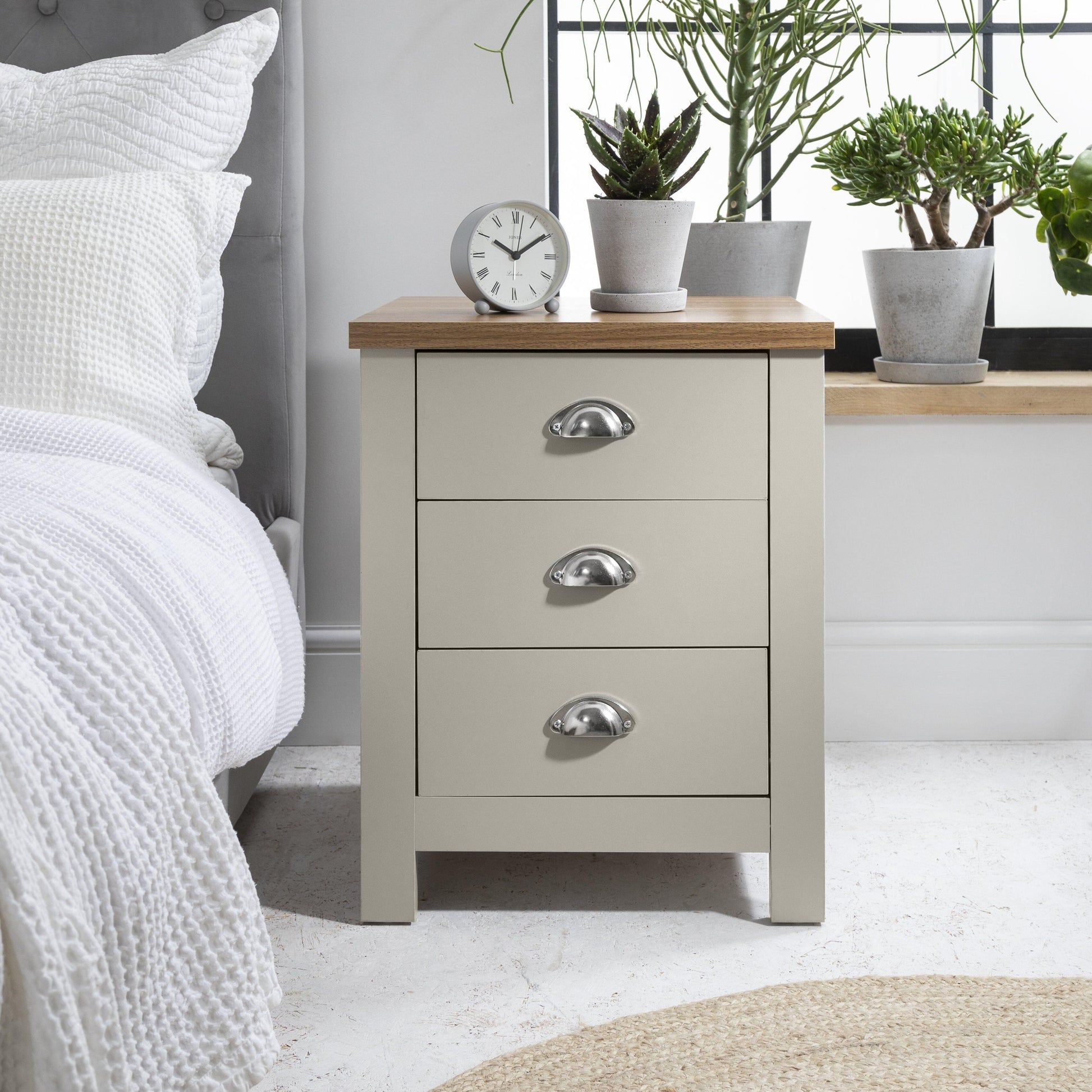 Outlet – Bampton Grey Bedside Table - 3 Drawer - Laura James