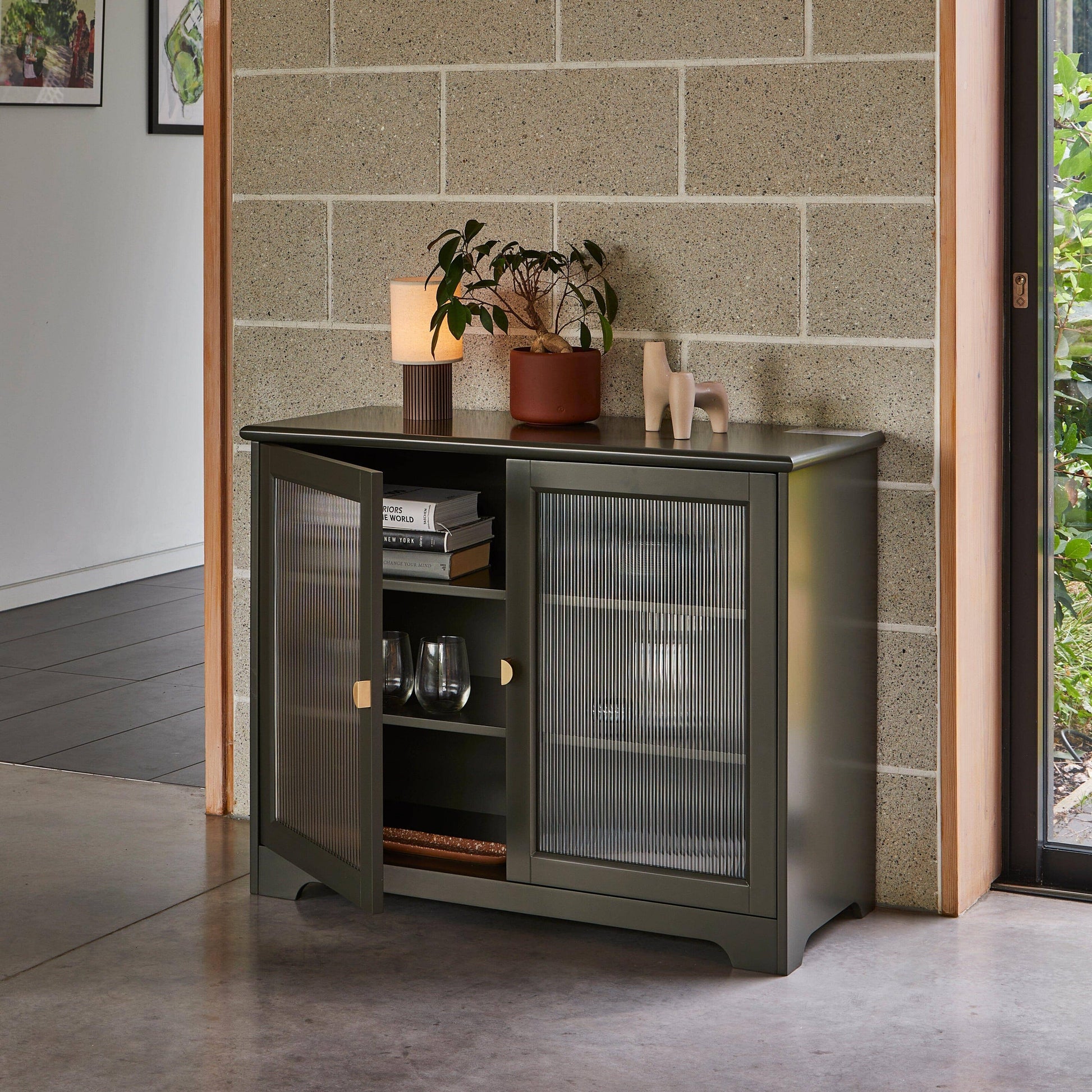 Lua 2 Door Sideboard in Fir Green with Fluted Glass - Laura James