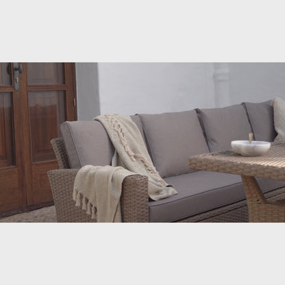 Aston Rattan Corner Sofa Set Premium Cream LED Parasol - 9 Seater - Natural Brown - Polywood Table Top - Laura James