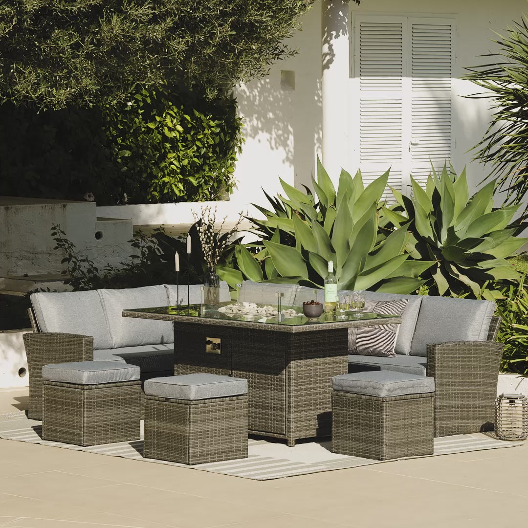 Aston 9 Seater Garden Sofa Set with Fire Pit - Grey - Laura James 