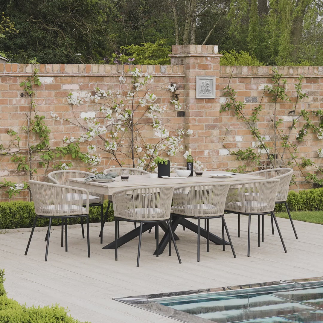 Amelia 8 Seater Natural Wood Black Legs Garden Dining Set - Hali Natural Chairs - Laura James