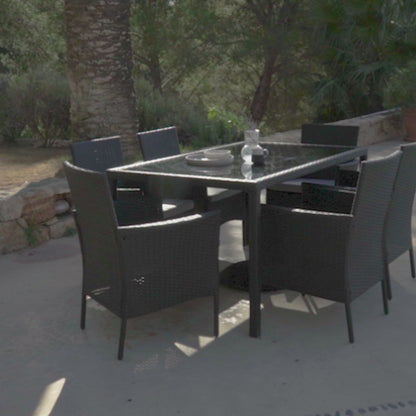 Marston 6 Seater Rattan Garden Dining Set with Cream LED Premium Parasol - Natural Brown - Glass Top