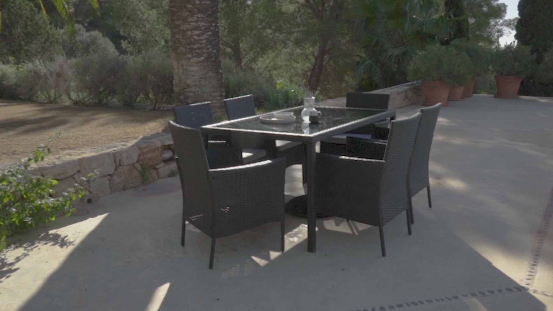 Marston 6 Seater Rattan Outdoor Dining Set with Grey LED Premium Parasol - Rattan Garden Furniture - Black - Glass Top