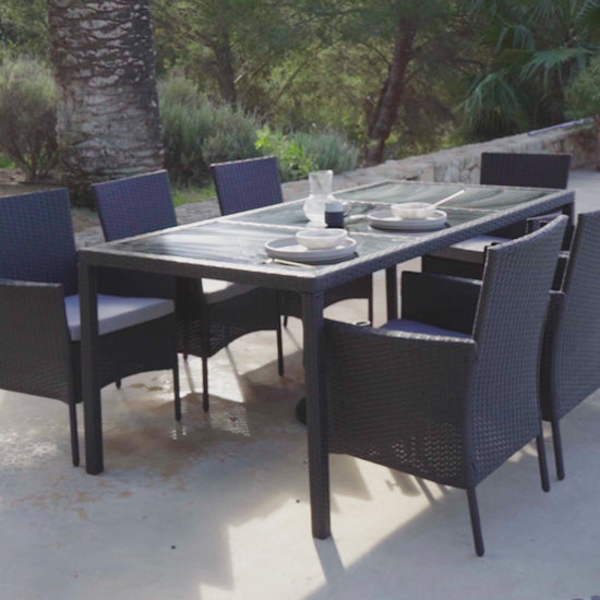 Marston 8 Seater Rattan Outdoor Dining Set with Grey Parasol - Rattan Garden Furniture - Black - Glass Top