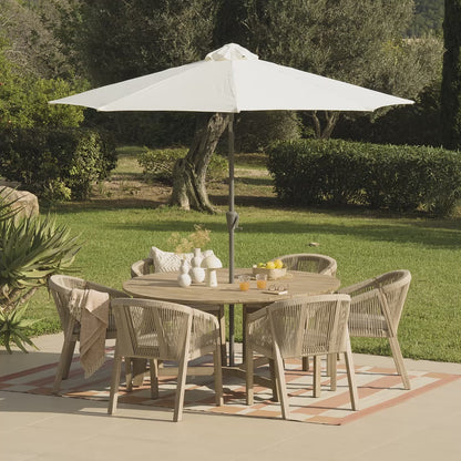 Shiro Wooden 6 Seater Round Dining Table Set with Nala Dining Chairs and Cushions with Cream Parasol - Laura James 