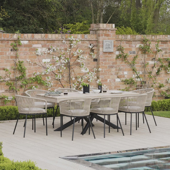 Amelia 8 Seater Natural Wood Black Legs Garden Dining Set - Hali Pink Chairs - Laura James