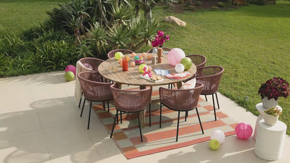 Shiro 6 Seater Wooden Round Dining Table with 6 Hali Pink Rope Chairs