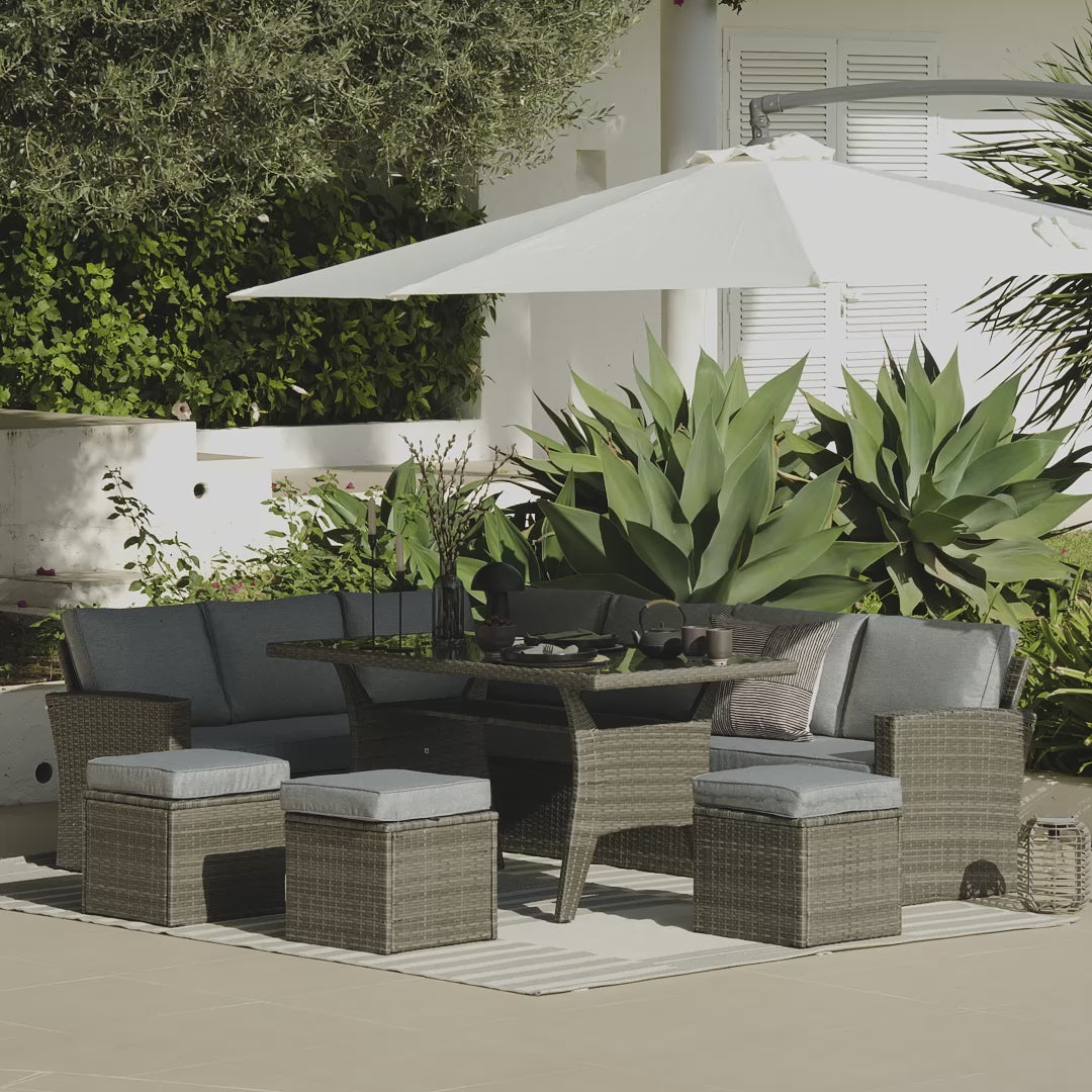 Aston 9 Seater Rattan Corner Sofa Set with Cream Lean Over Parasol - Grey - Laura James 