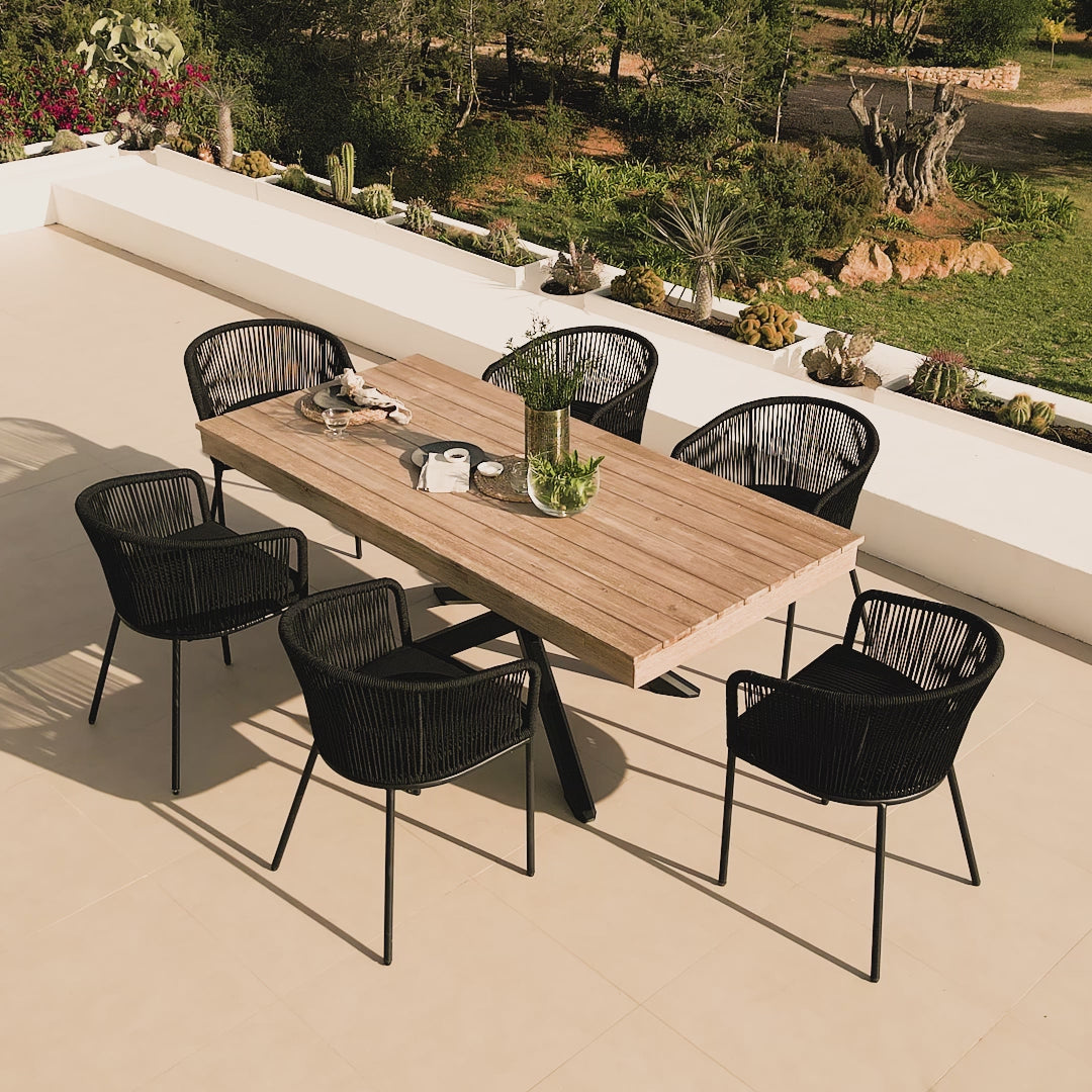 Amelia 6 Seater Natural Wood Black Legs Garden Dining Set - Hali Black Chairs - Laura James 