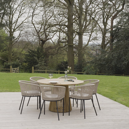 Willow 6 Seater Natural Wood Round Garden Dining Set - Hali Black Chairs