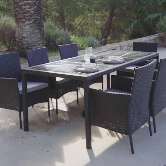 Marston 8 Seat Black Glass Top Outdoor Dining Table - Black