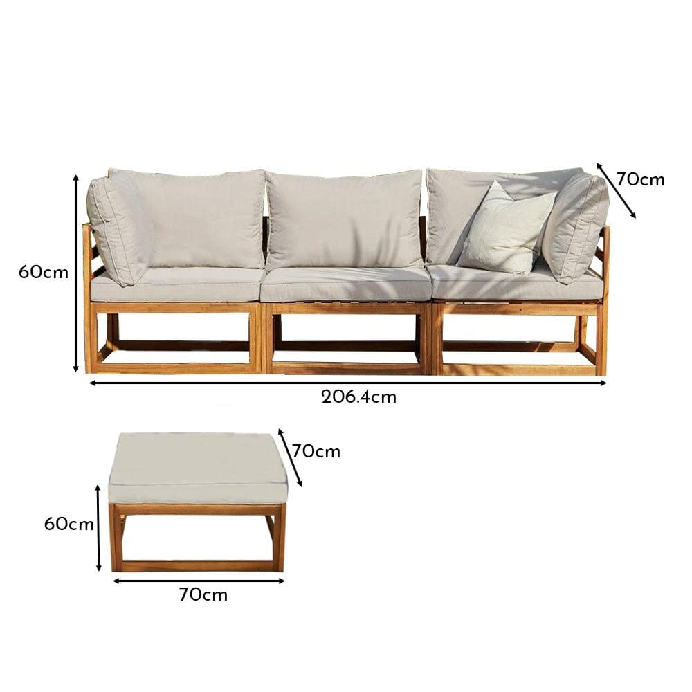 Rowan 3 Seater Wooden Garden Sofa and Footstool with Cream Lean Over Parasol - Laura James