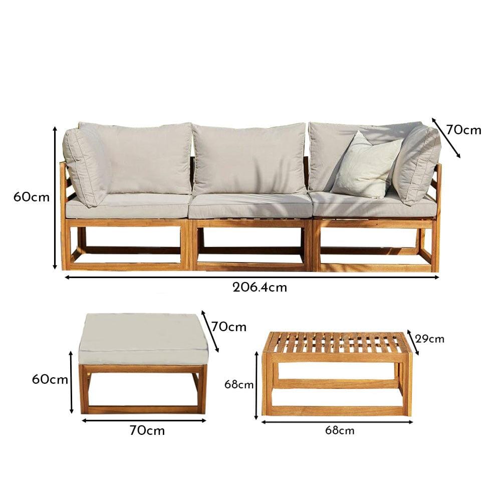 Rowan 3 Seater Wooden Garden Sofa, Footstool and Coffee Table - Laura James