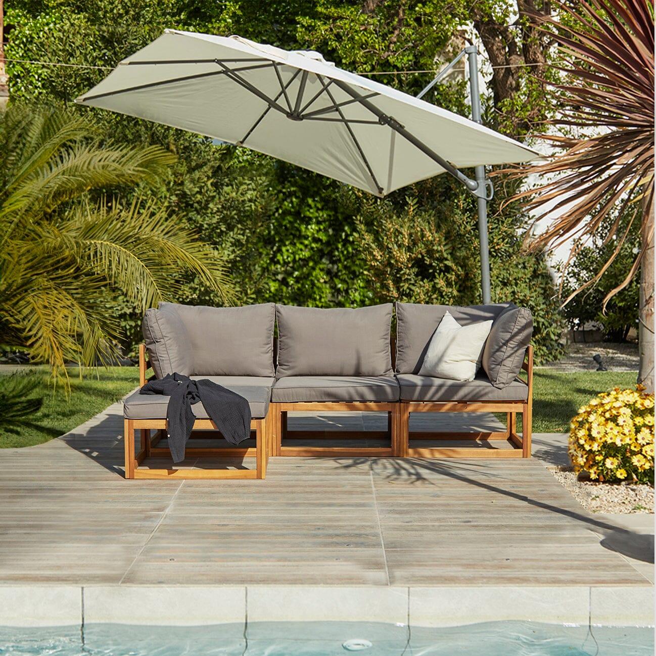 Rowan 3 Seater Outdoor Wooden Sofa Set With Cream Premium LED Parasol - Laura James