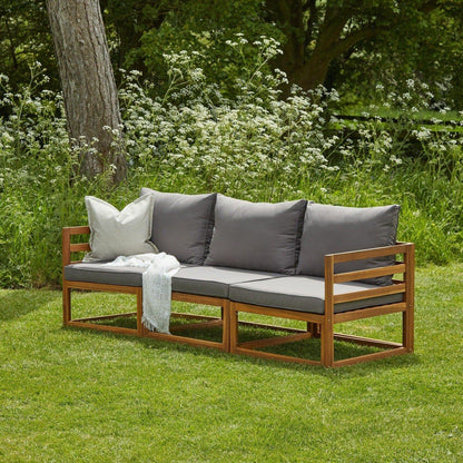 Rowan 3 Seater Outdoor Wooden Sofa Set With Cream Premium LED Parasol - Laura James