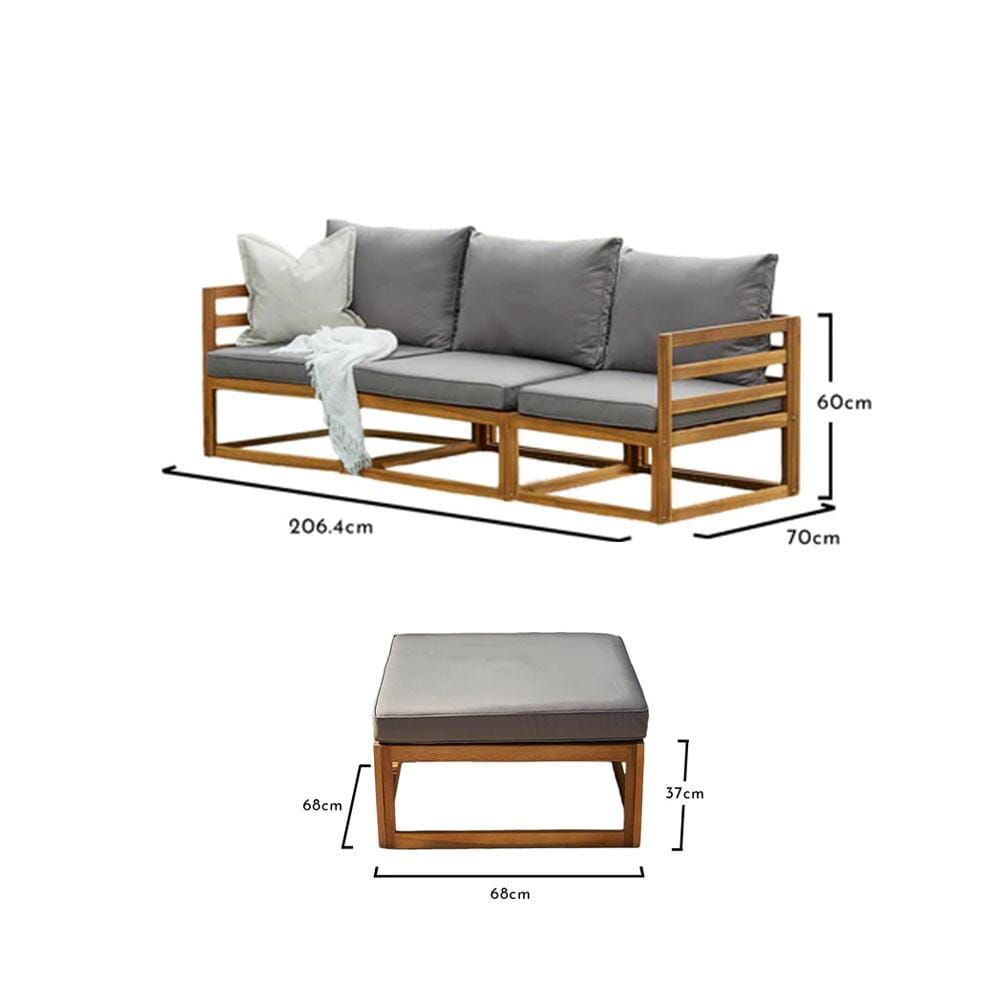 Rowan 3 Seater Wooden Garden Sofa Set with Cream Premium LED Parasol - Grey - Laura James