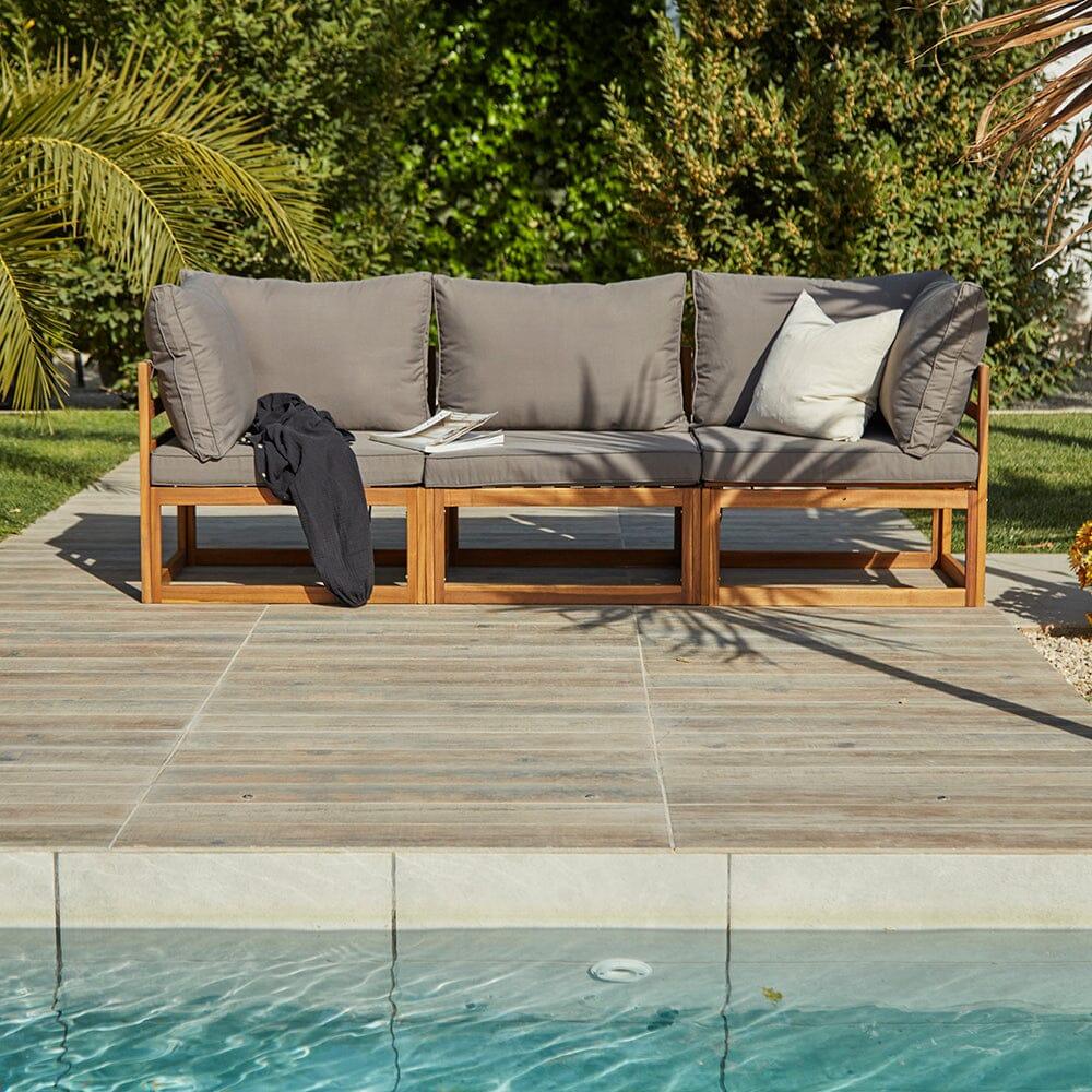 Rowan 3 Seater Outdoor Wooden Sofa Set With Cream Premium LED Parasol - Laura James