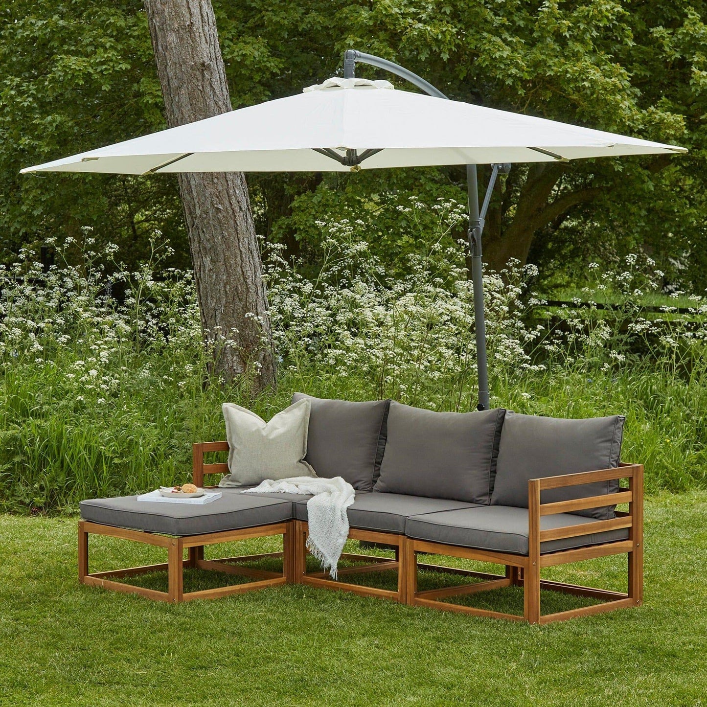Rowan 3 Seater Wooden Garden Sofa Set With Footstool and Cream Parasol - Laura James