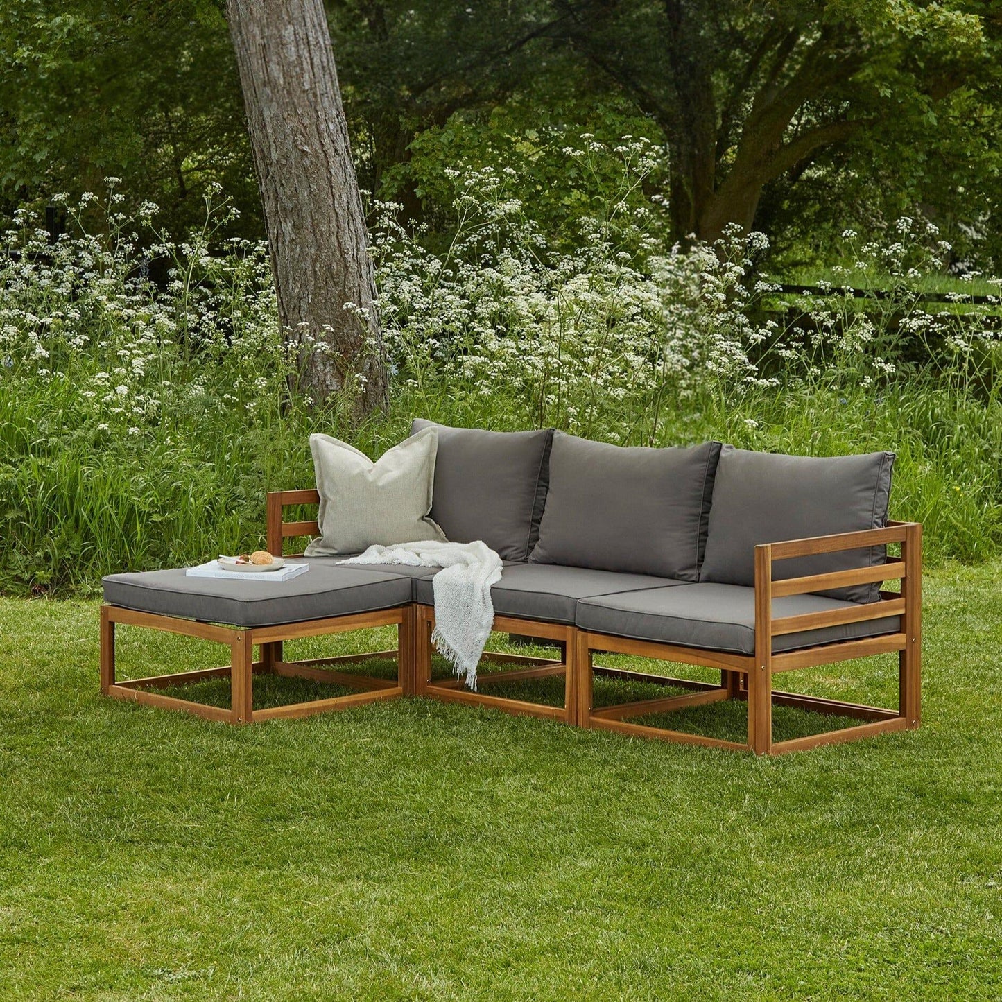 Rowan 3 Seater Wooden Garden Sofa Set with Footstool - Laura James