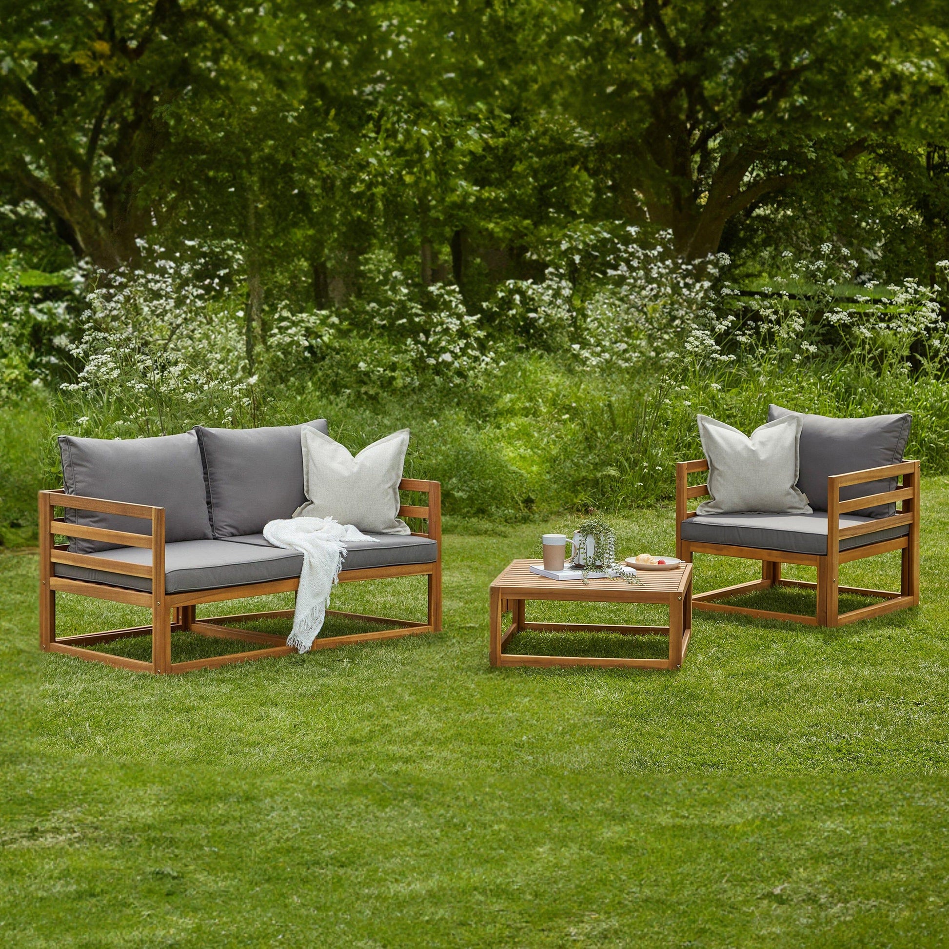 Rowan Outdoor Wooden Sofa Set With Armchair, 2 Seater Sofa and Coffee Table
