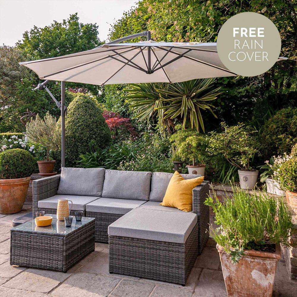 4 Seater Rattan Corner Sofa Set with Lean Over Parasol and Base - Grey Weave - Laura James