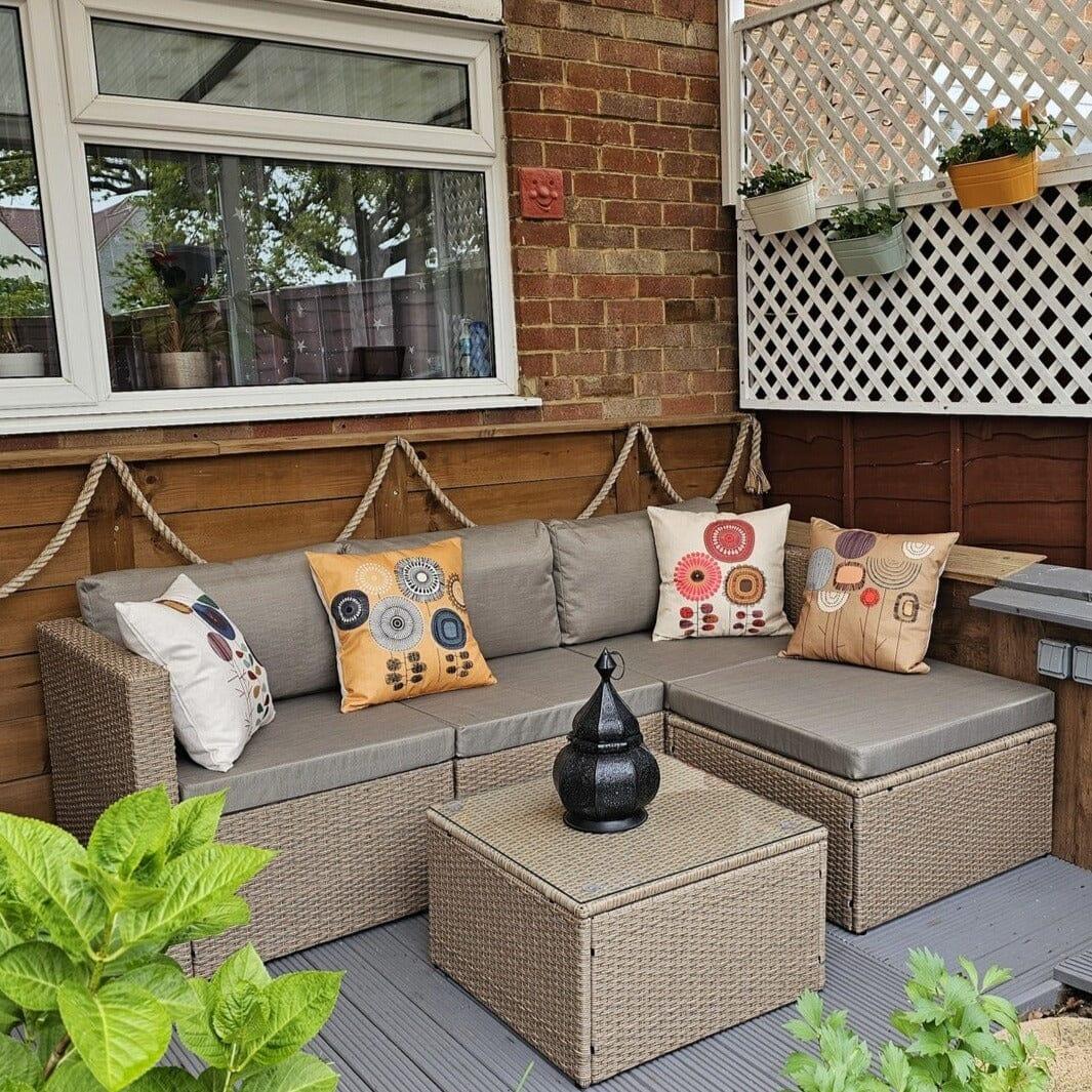 Weston 4 Seater Rattan Garden Corner Sofa Set with Cream Lean Over Parasol - Natural Weave - Laura James