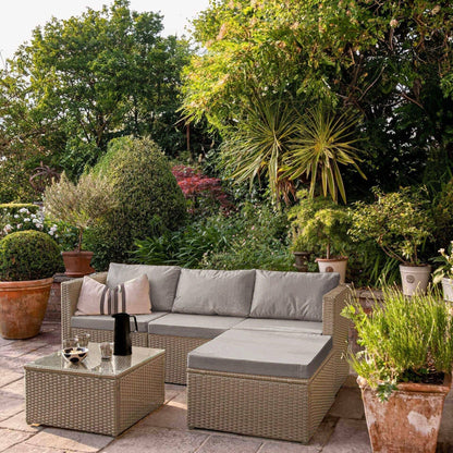 Weston 4 Seater Rattan Garden Corner Sofa Set with Grey Lean Over Parasol - Natural Weave