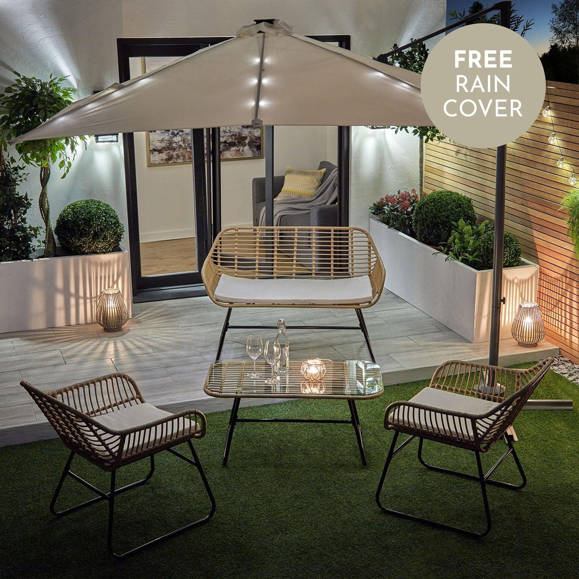 Wick rattan sofa set with cream LED premium parasol - natural - Laura James