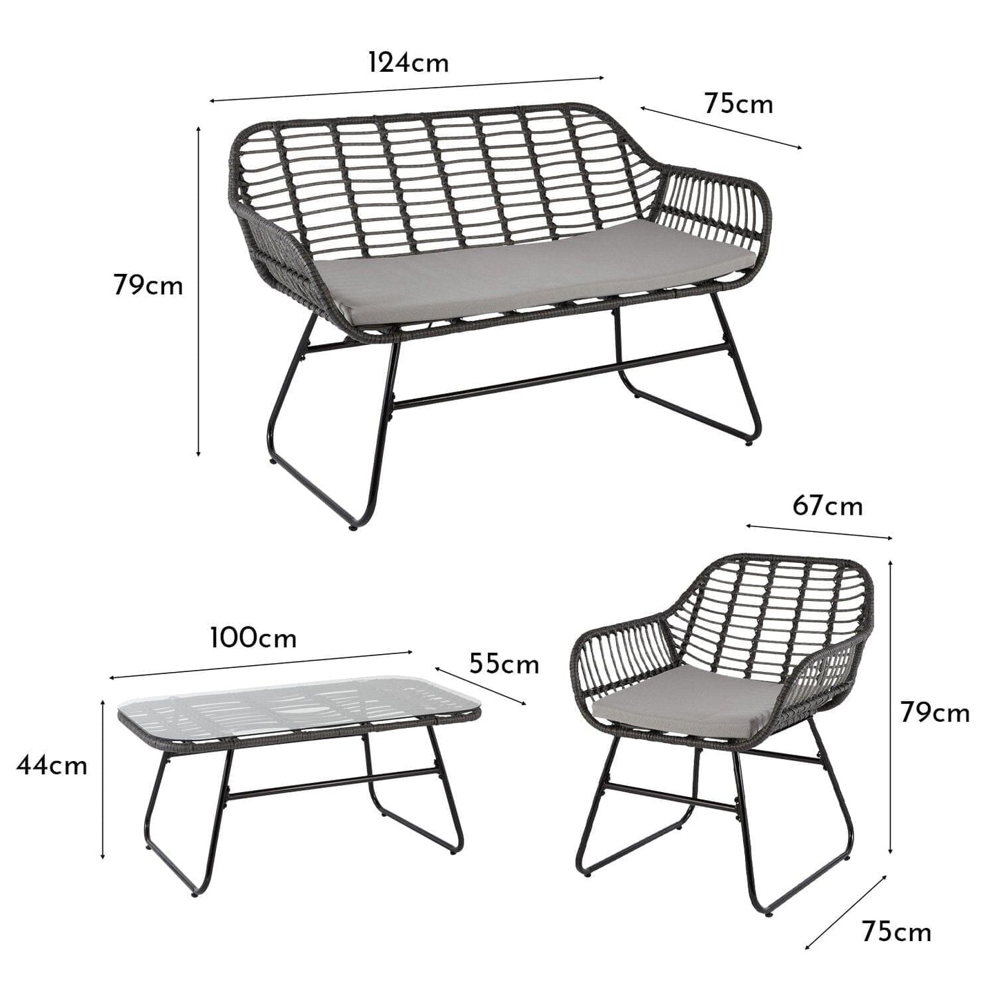 Wick Rattan Garden Sofa Set with Grey Parasol – Dark Grey