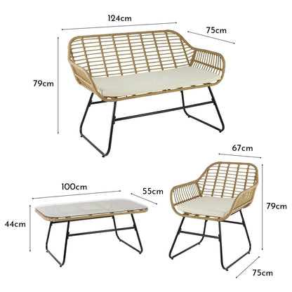 Wick Rattan Garden Sofa Set with Cream Cantilever Parasol & Parasol Cover - Natural