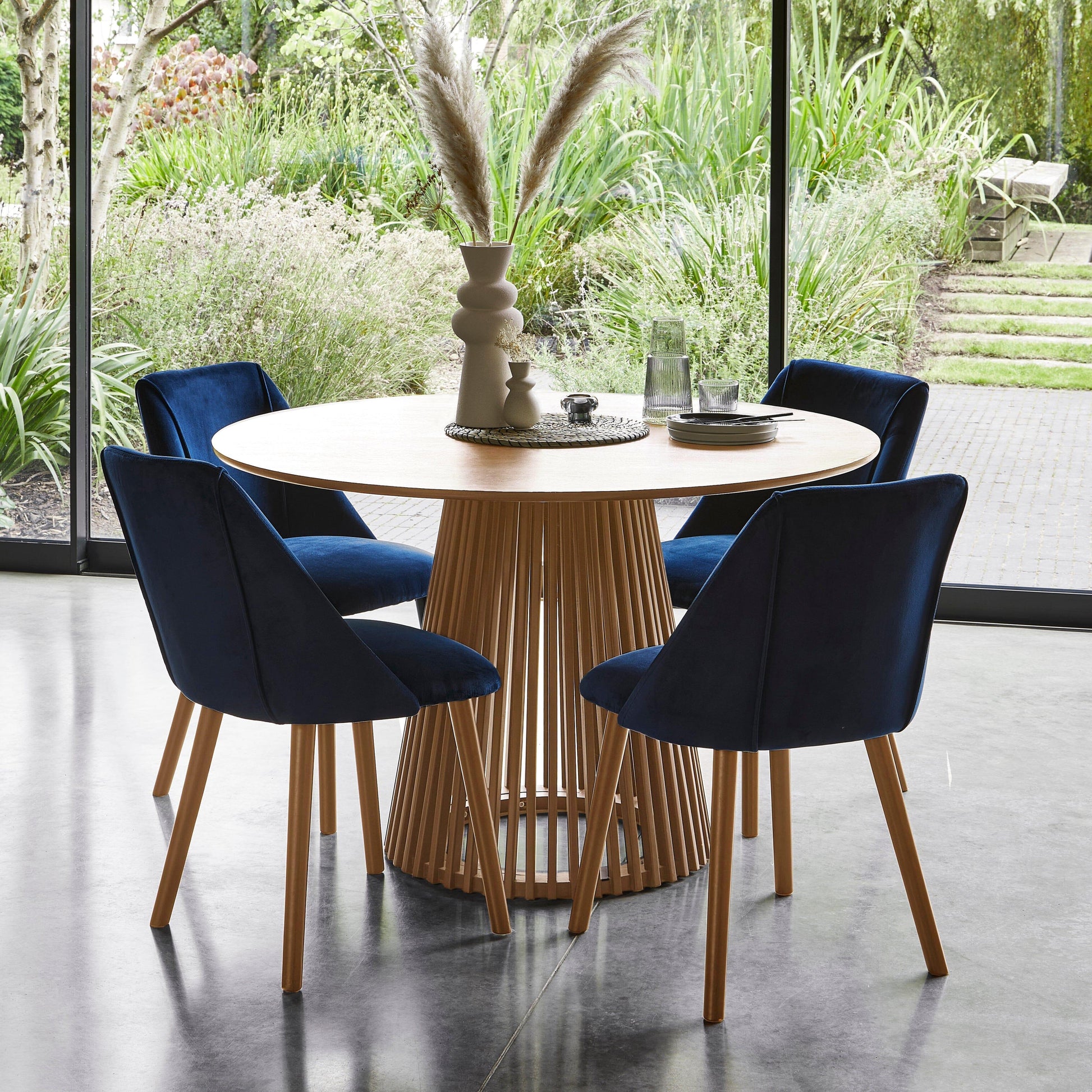 Willow 4 Seater Pale Oak Dining Table Set - Freya Blue Dining Chairs with Pale Oak Legs - Laura James