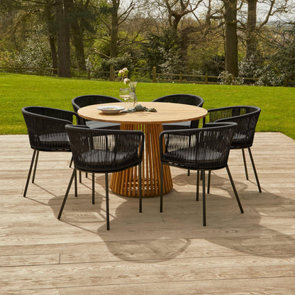 Willow 6 Seater Natural Wood Round Garden Dining Set - Hali Black Chairs