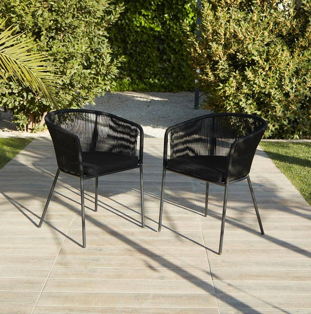 Willow 6 Seater Natural Wood Round Garden Dining Set - Hali Black Chairs