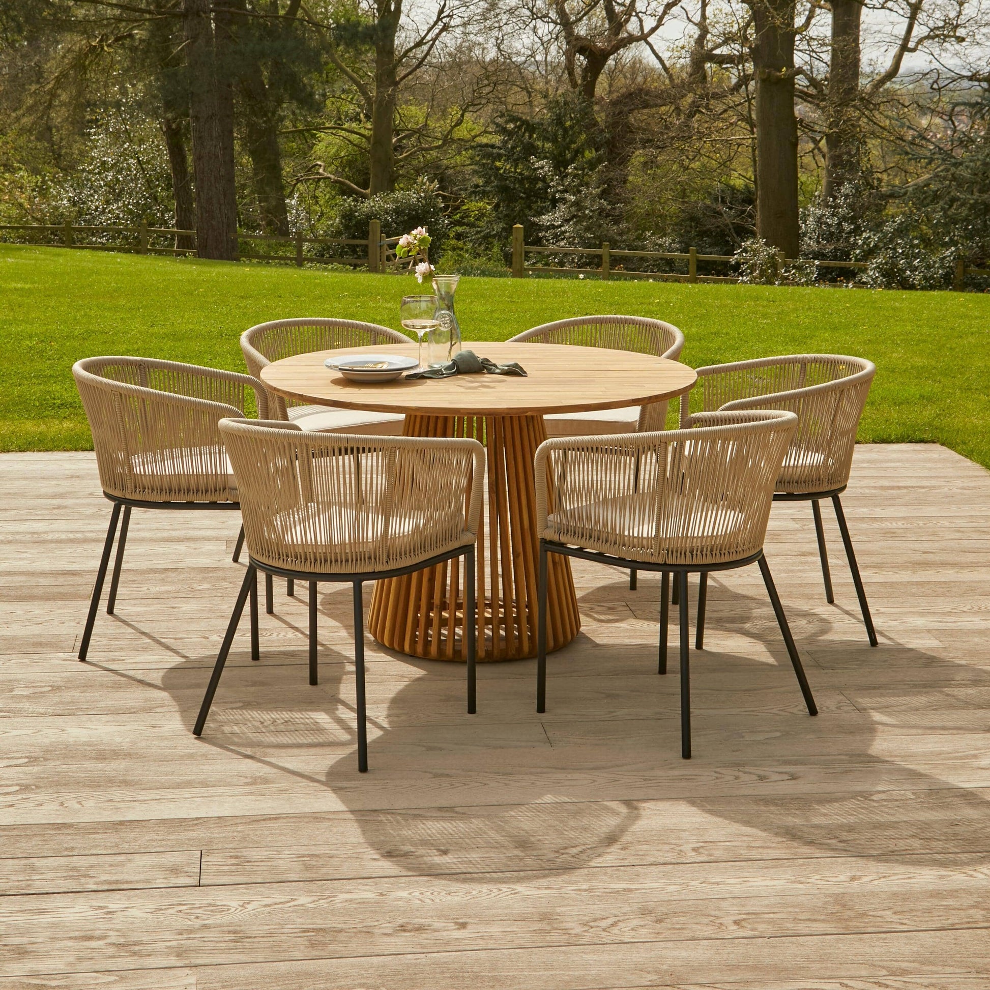 Willow 6 Seater Natural Wood Round Garden Dining Set - Hali Natural Chairs