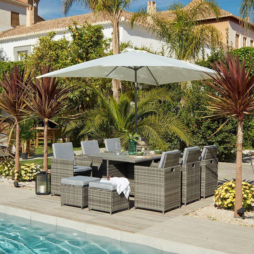 10 Seater Rattan Cube Outdoor Dining Set with Cream Parasol - Grey Weave Polywood Top