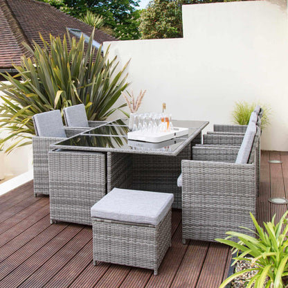 10 Seater Rattan Cube Outdoor Dining Set with Parasol - Grey Weave - Laura James