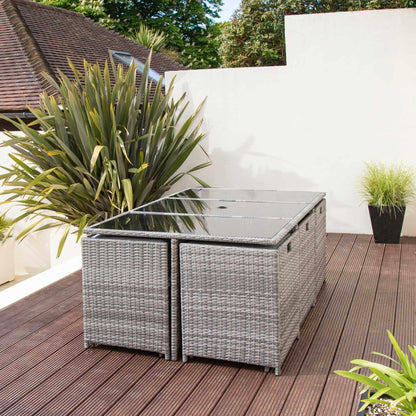 10 Seater Rattan Cube Outdoor Dining Set with Parasol - Grey Weave - Laura James