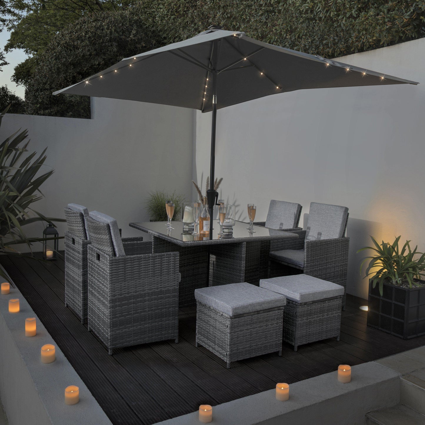 8 Seat Rattan Cube Outdoor Dining Set with LED Premium Parasol - Grey Weave with Grey Cushion - Laura James