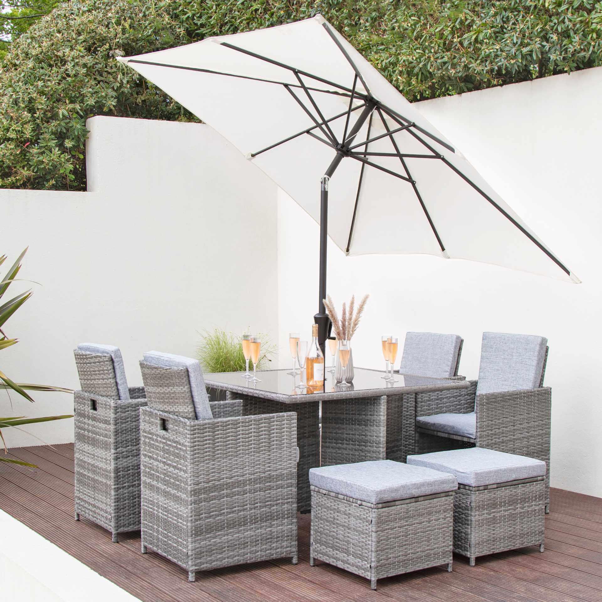 8 Seat Grey Weave Cushion Rattan Cube Outdoor Dining Set LED Parasol Laura James