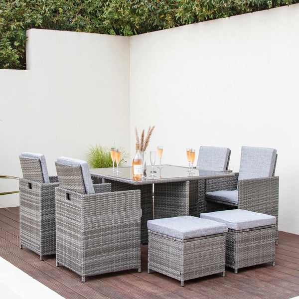 8 Seater Rattan Cube Outdoor Dining Set Grey Weave with Grey Cushion Laura James