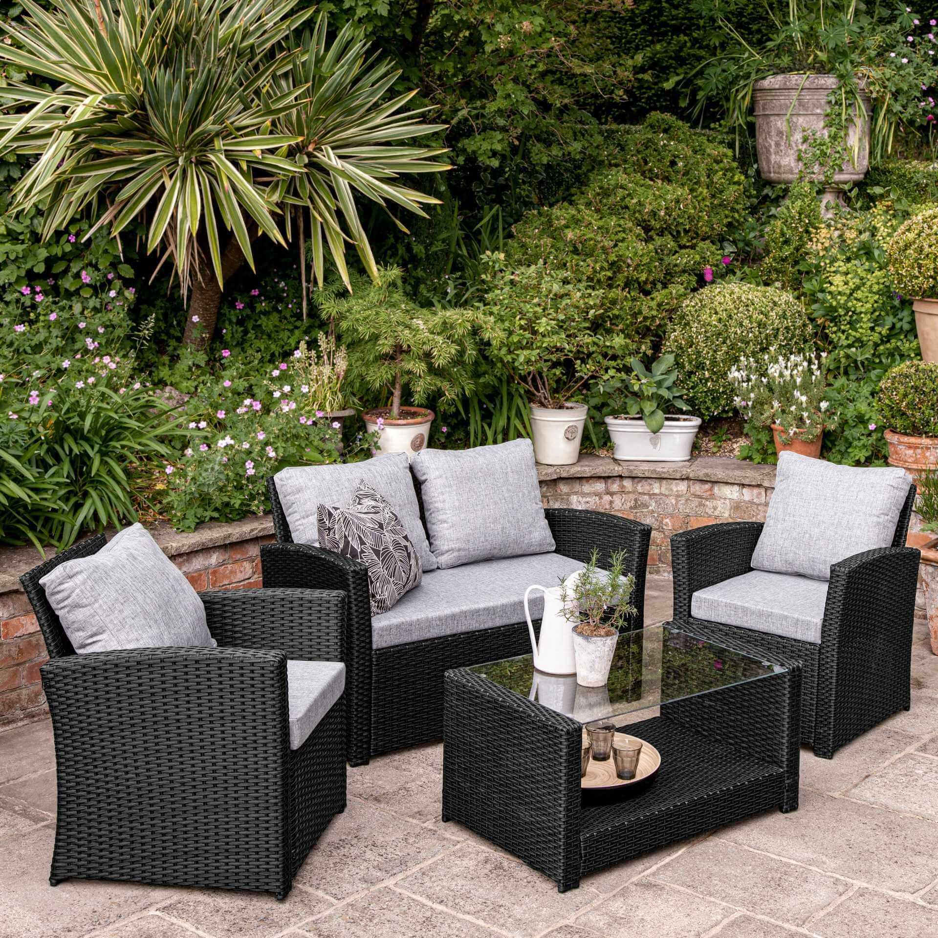 Cote Garden Sofa Set - Lean Over Parasol - 4 Seater - Black Rattan