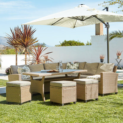 Aston Rattan Corner Sofa Set Premium Cream LED Parasol - 9 Seater - Natural Brown - Polywood Table Top - Laura James