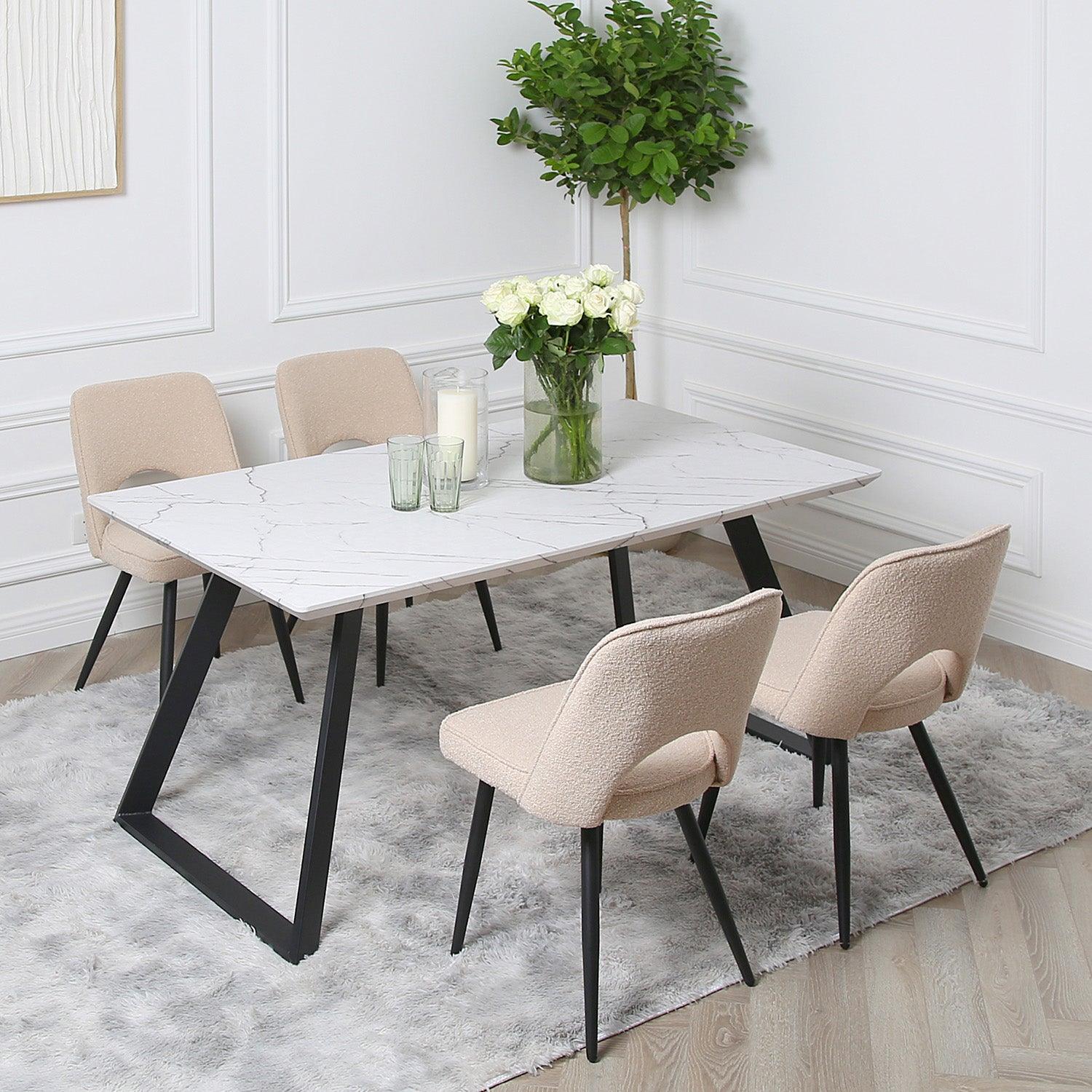 Atlas Marble and 4 Dolly Boucle Dining Chairs - Laura James