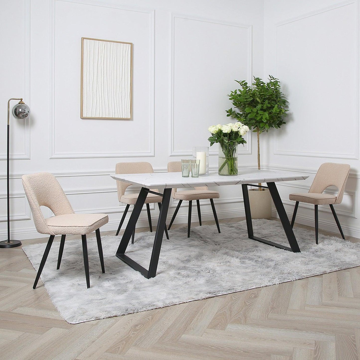 Atlas Marble and 4 Dolly Boucle Dining Chairs - Laura James