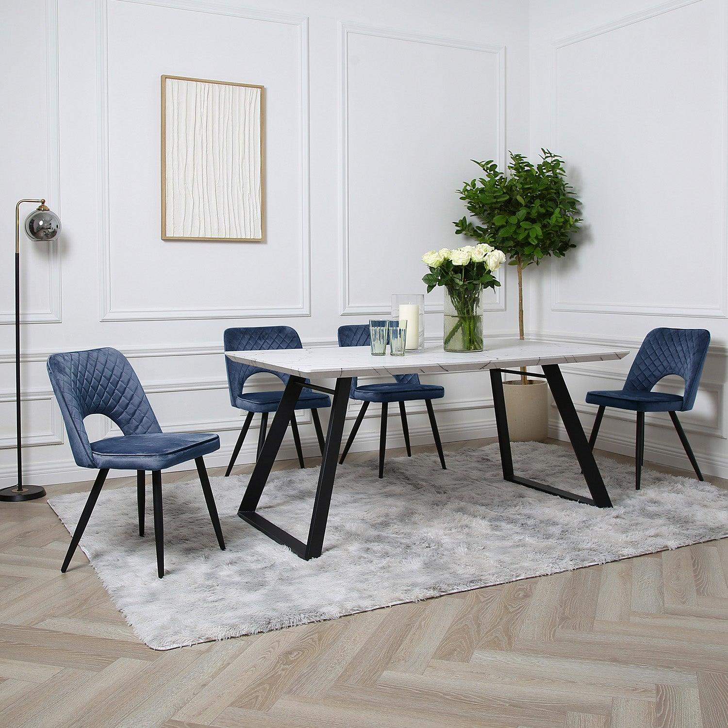 Atlas marble dining table set - 4 seater - blue dining chairs - Laura James
