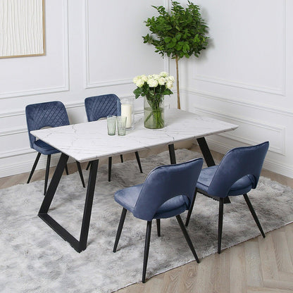 Atlas marble dining table set - 4 seater - blue dining chairs - Laura James