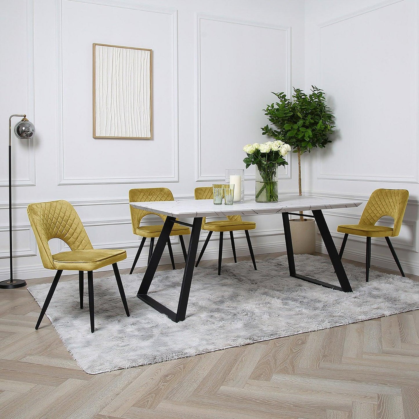 Atlas marble dining table set - 4 seater - yellow dining chairs - Laura James