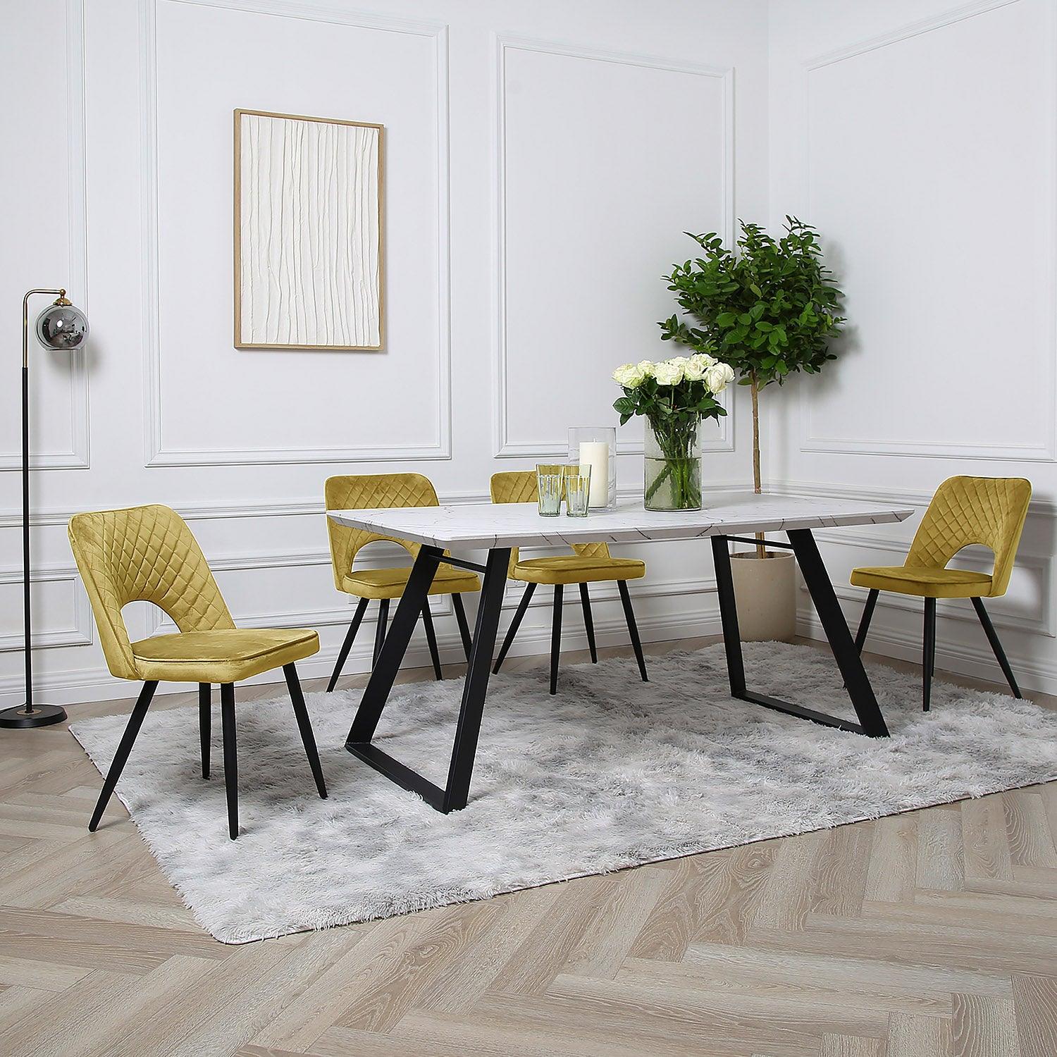 Atlas marble dining table set - 4 seater - yellow dining chairs - Laura James