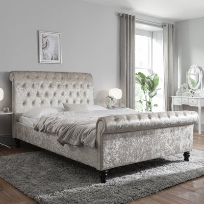 King Size Crushed Velvet Sleigh Bed Frame - Champagne - Laura James